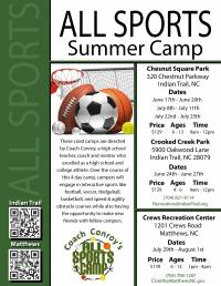 Coach Conroy s All Sports Camp is a Top Summer Camp located in Indian Trail North Carolina offering many fun and educational camp activities, including: Football, Tennis, Basketball and more. Coach Conroy s All Sports Camp is a top camp for ages: 6yrs to 14 yrs.
