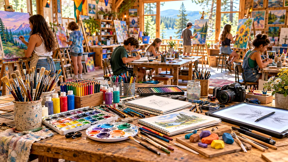 Art camp supplies including paints, drawing materials, digital art tools, cameras, and creative equipment in a summer art camp studio
