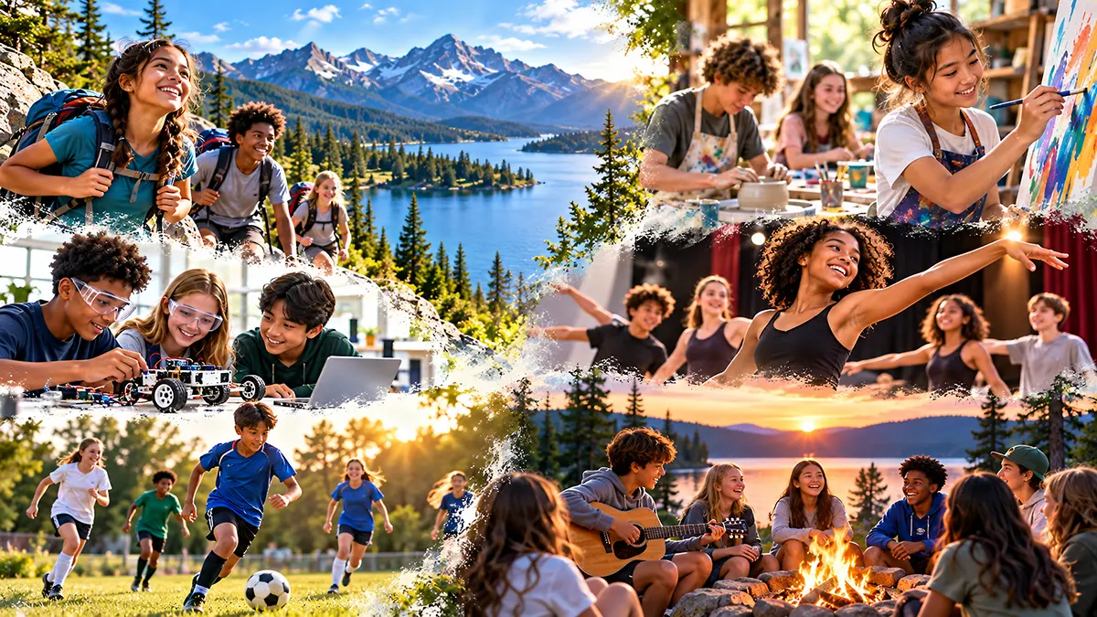 Summer camp experiences including outdoor adventure, art, technology, performing arts, sports, and traditional camp activities