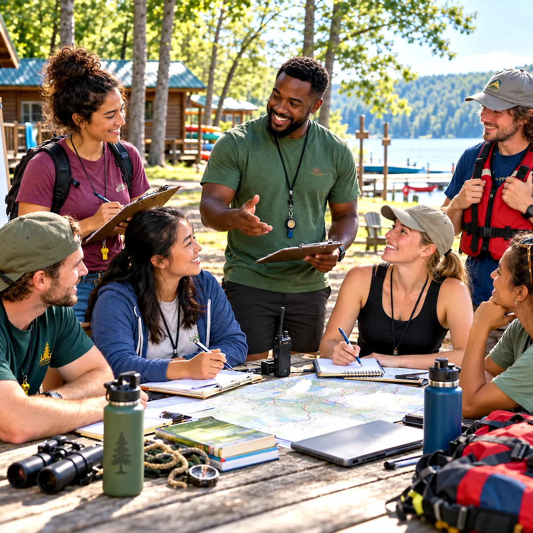 Summer camp counselors and staff collaborating during an outdoor camp planning meeting