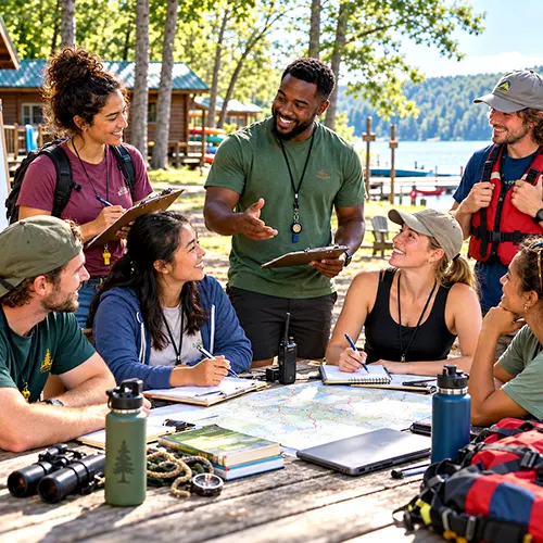 Summer camp counselors and staff collaborating during an outdoor camp planning meeting