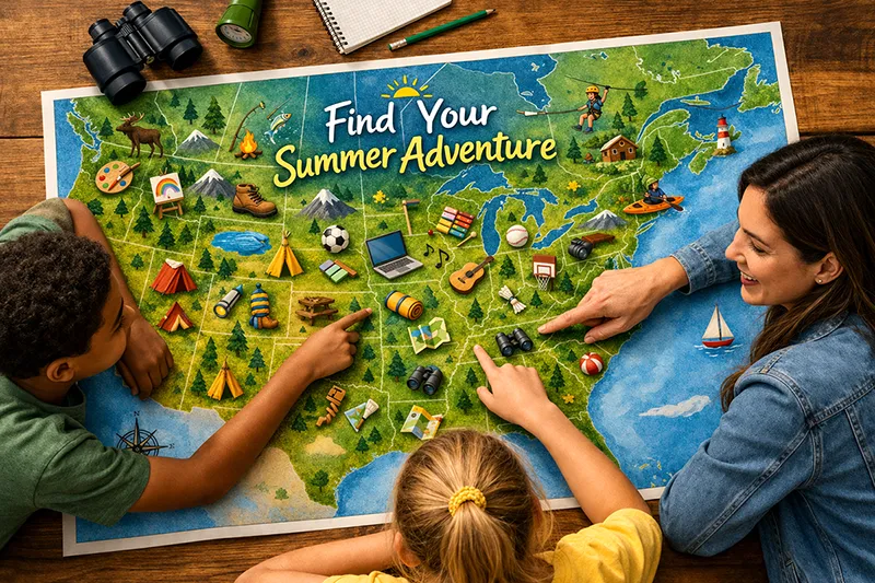 Parent and children exploring a map of the United States and Canada to find the right music camp