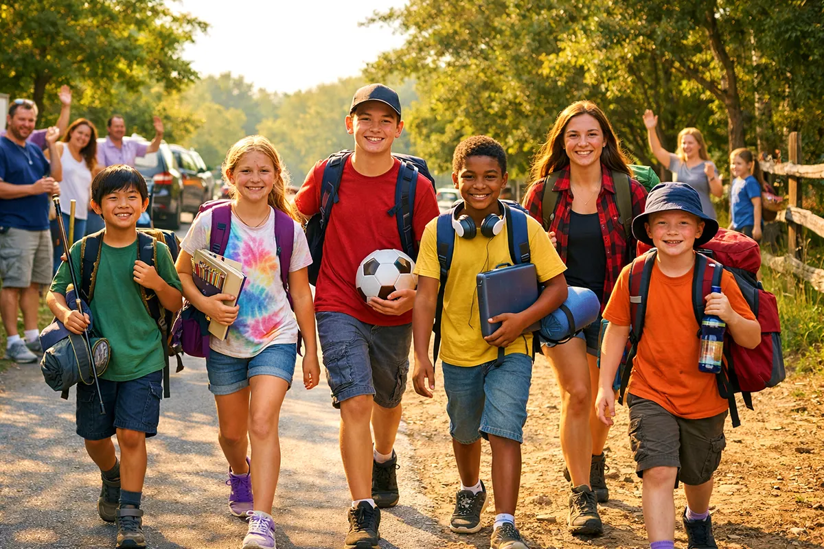 Kids and teens heading off to sports camp with backpacks and gear while families cheer them on